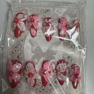Red 3D Flower Press‎ On Nails Set of 10 Coffin Almond Stiletto